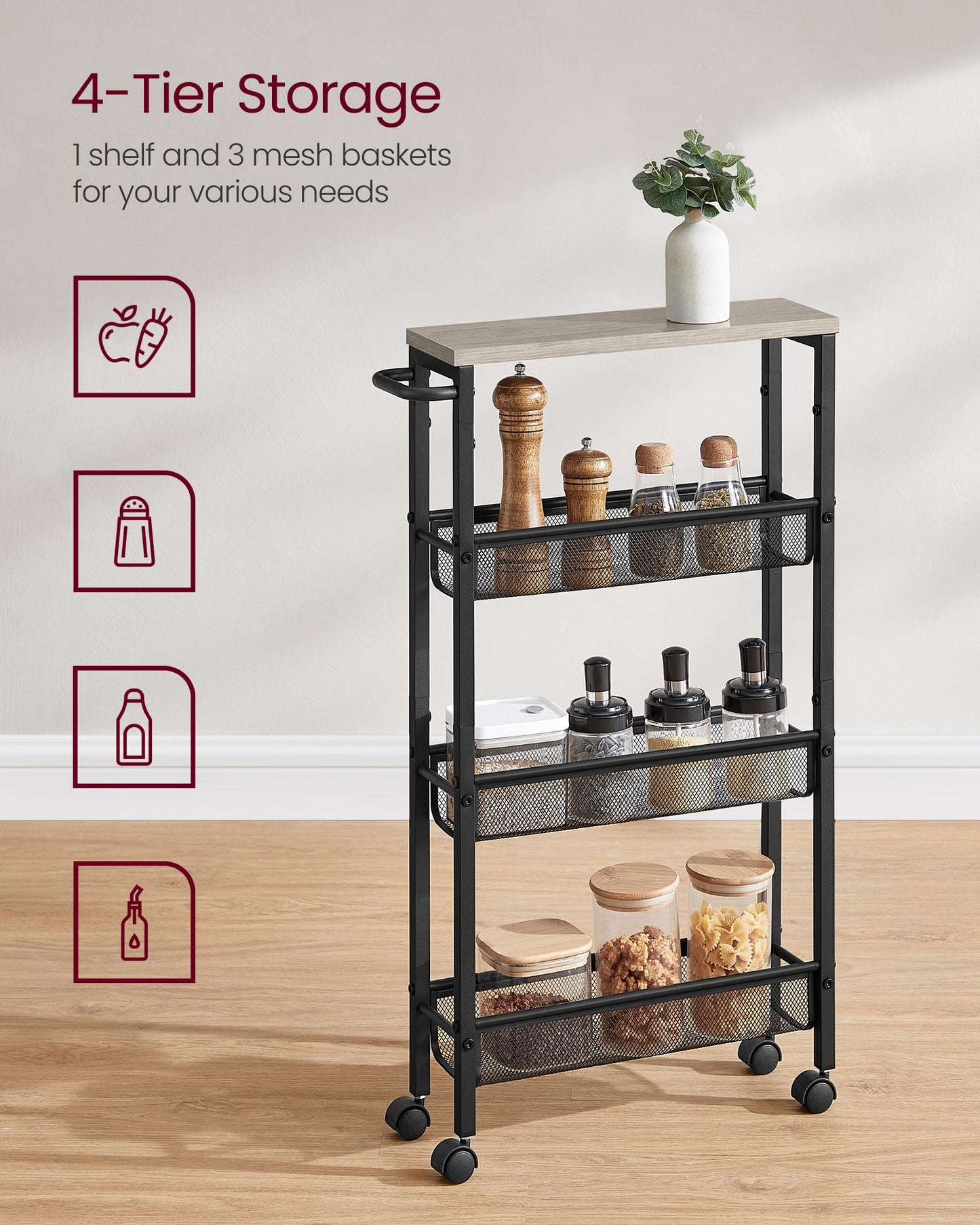 VASAGLE 4-Tier Slim Rolling Storage cart with Wheels, 5.1 Inches, Metal
