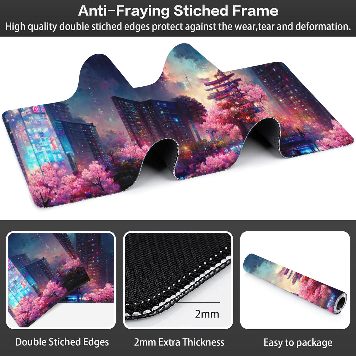 Japanese Fantasy Night City Desk Mat,Large Beautiful Night Scene Gaming Keyboard Mouse Pad,Non-Slip