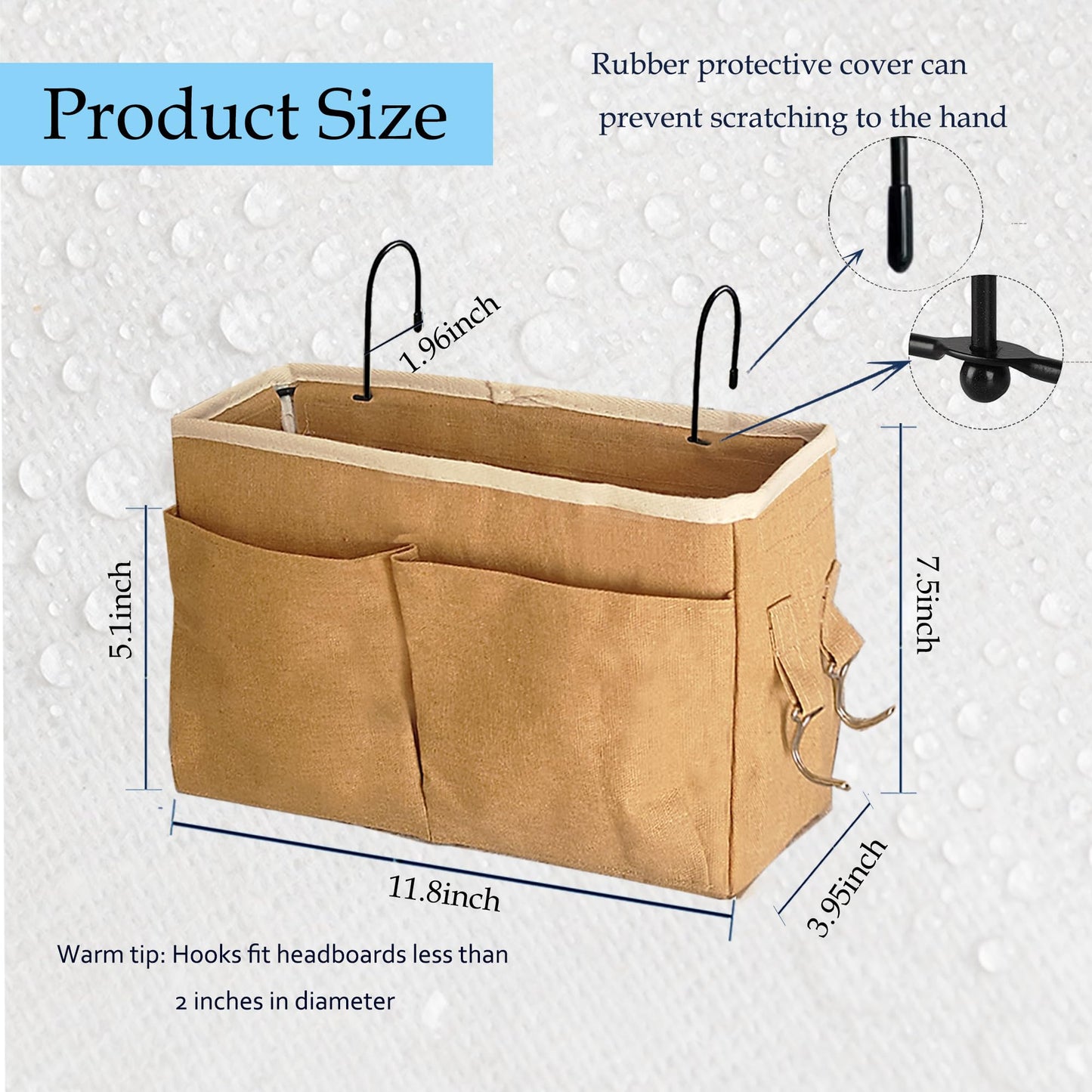 Bedside Caddy Organizer - Bedside Hanging Storage Bag with Hooks, Dorm Essentials Caddy for Bunk