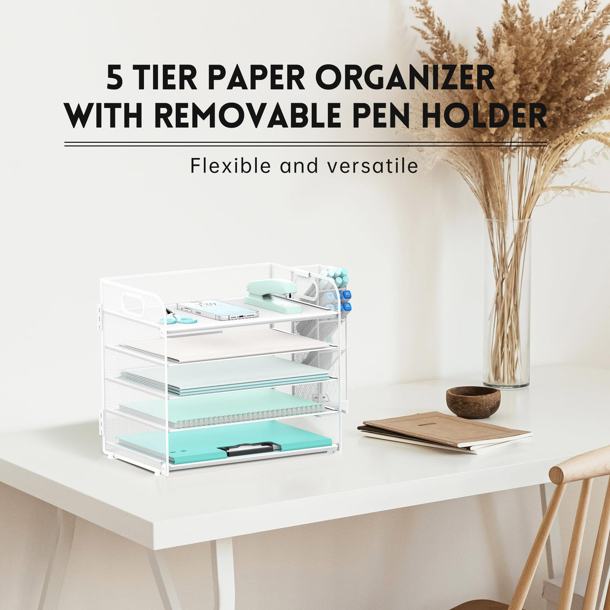 5-Tier Paper Organizer for Desk with Pen Holders, Letter Trays, White