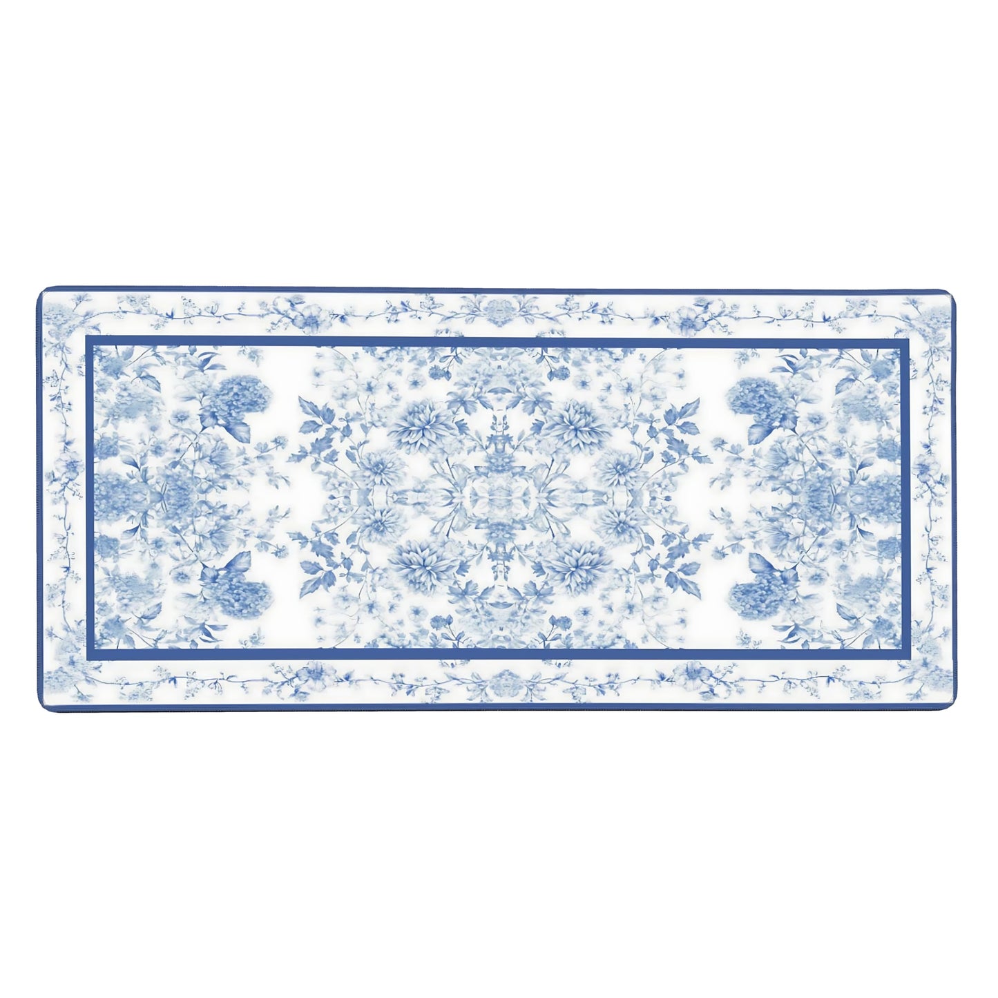 Floral Aesthetic Dahlia Gaming Mouse Pad, White Blue Rug Desk Mat with Anti-Slip Base & Stitched