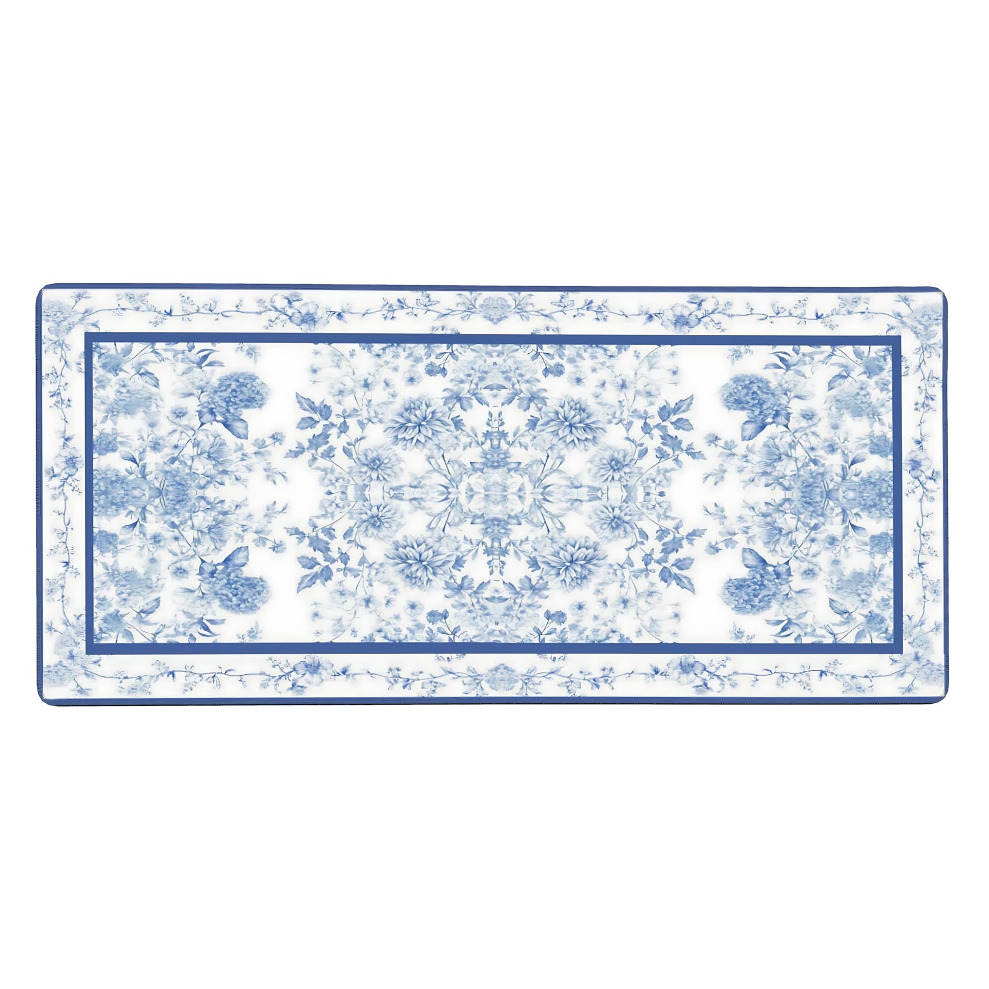 Floral Aesthetic Dahlia Gaming Mouse Pad, White Blue Rug Desk Mat with Anti-Slip Base & Stitched