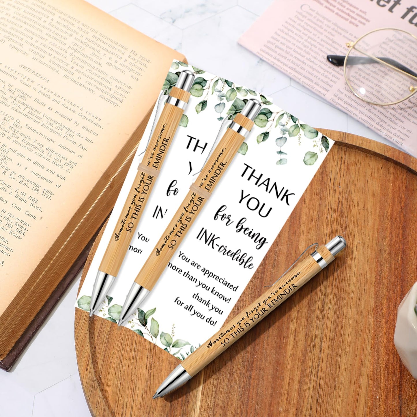 Yeaqee 36 Sets 36 Sets Bamboo Pens with Thank You Card, Your Reminder