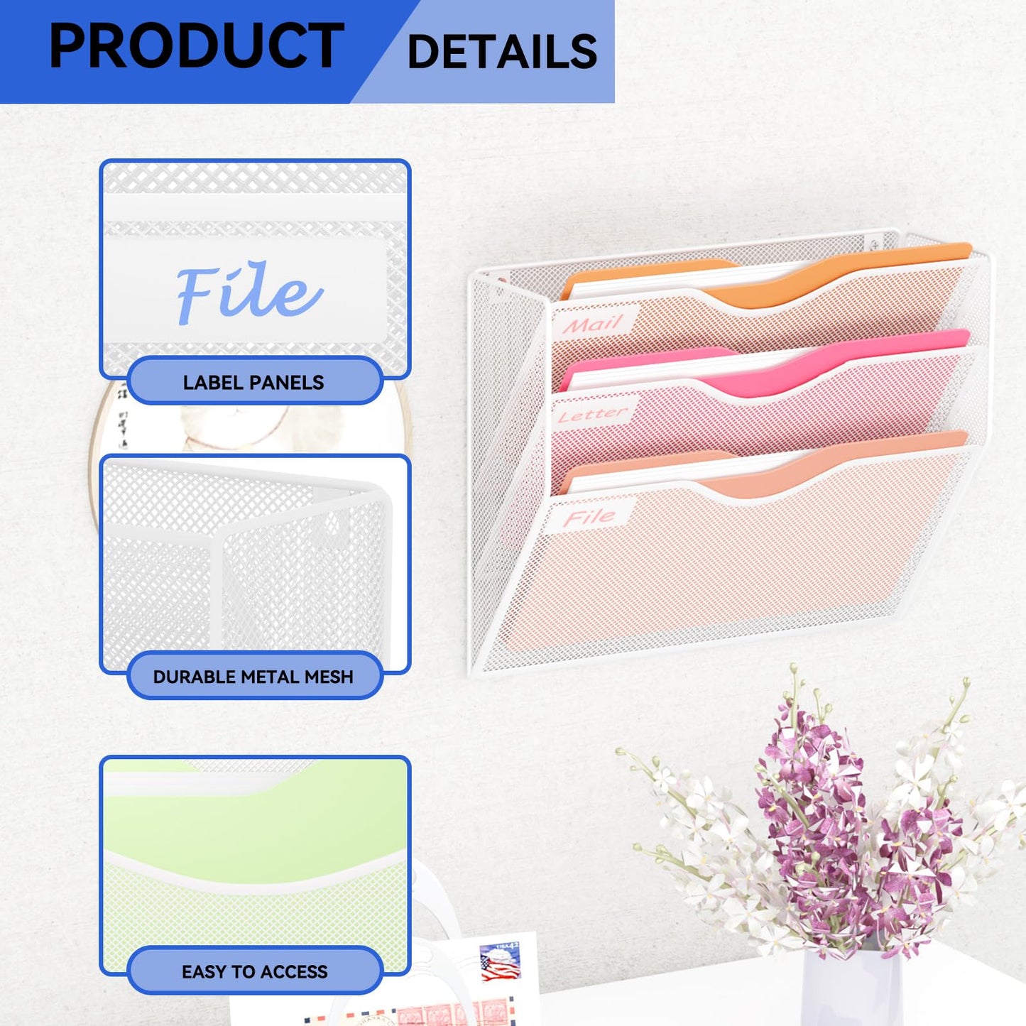 GDINDINFAN 3 Pockets Hanging Wall File Organizer Mail Holder, Wall Mounted Paper Document Folder
