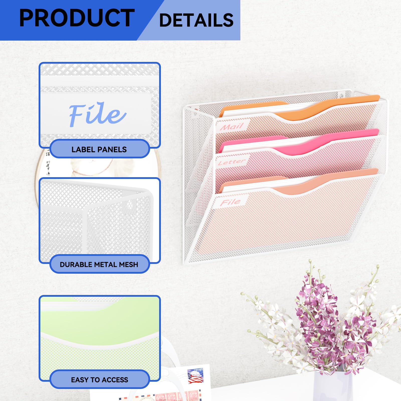 GDINDINFAN 3 Pockets Hanging Wall File Organizer Mail Holder, Wall Mounted Paper Document Folder
