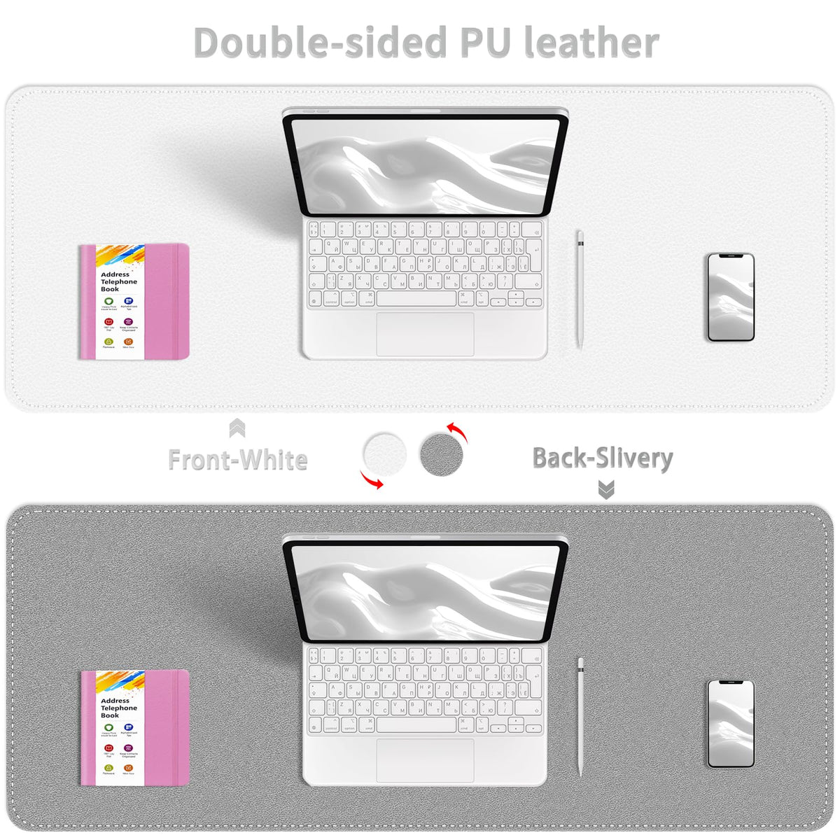 Dual-Sided Desk Mat, Large Pad, Waterproof Smooth PU Leather Blotter Protector, Mouse Pad, Desk