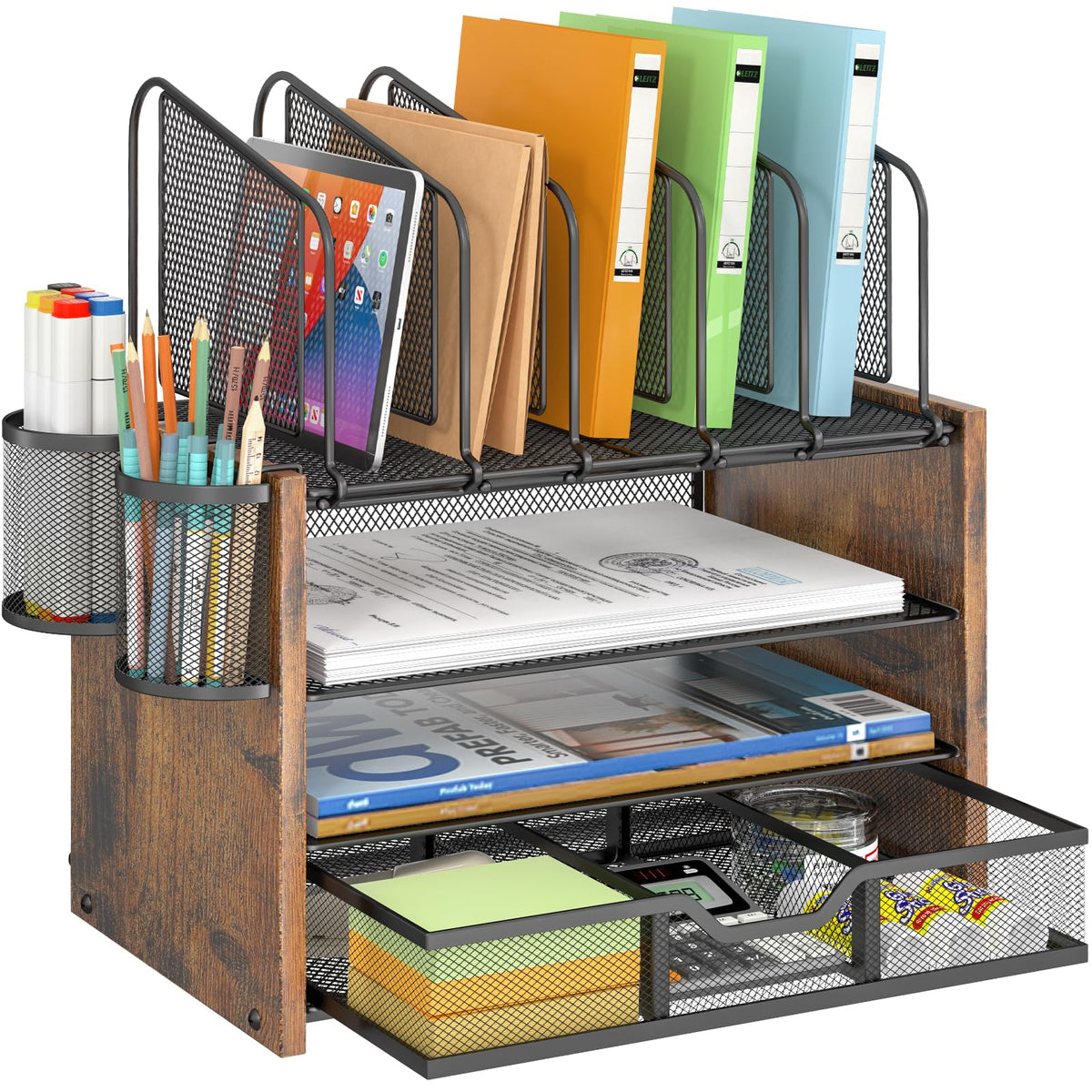 DAOUTIME 4-Tier Mesh Desk Organizer, Wooden Desk File Organizer with 5 Vertical File Holders and 2