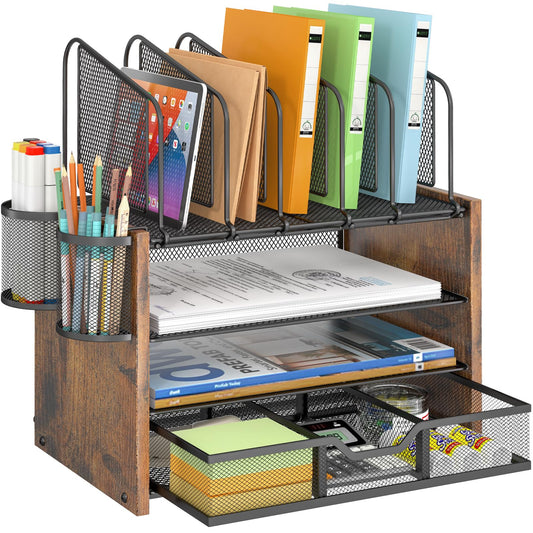 DAOUTIME 4-Tier Mesh Desk Organizer, Wooden Desk File Organizer with 5 Vertical File Holders and 2