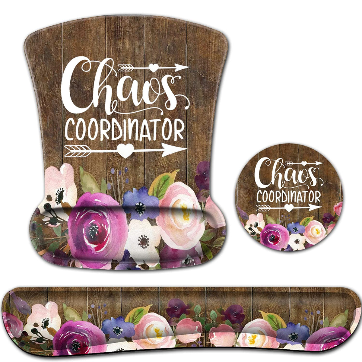 Chaos Coordinator Quotes Vintage Watercolor Floral Mouse Pad and Wrist Guard, Keyboard Wrist Rest