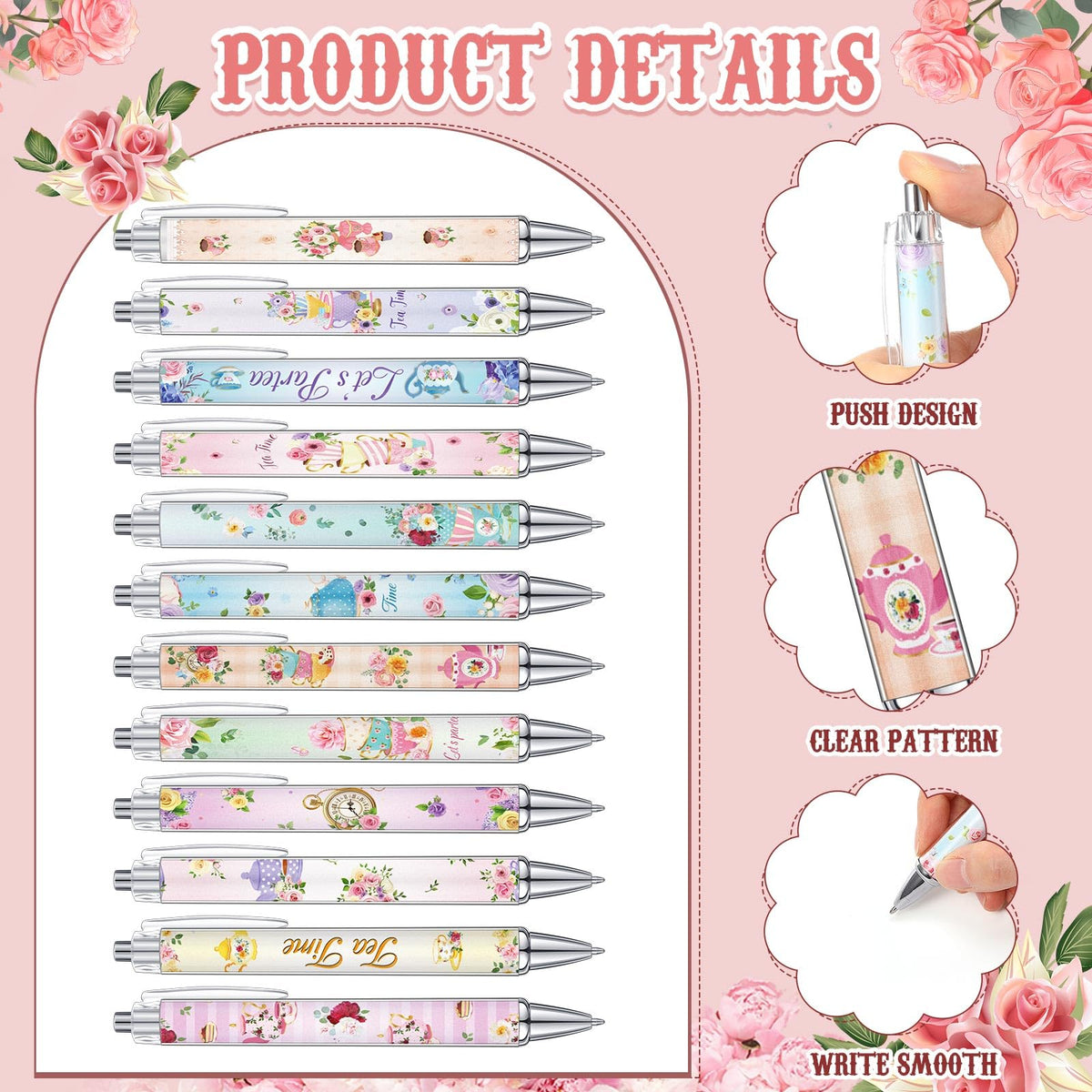 Cholemy 48 Pcs Floral Tea Party Favors Tea Party Ink Pens Vintage Teapot Pens Bulk Fancy