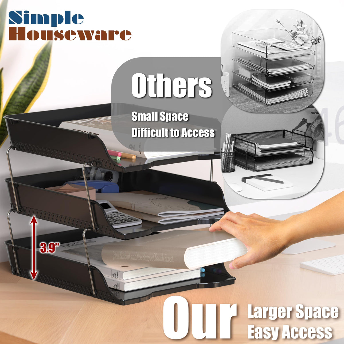Simple Houseware 3-Tier Stackable Paper Tray for Desk Organizer, Black