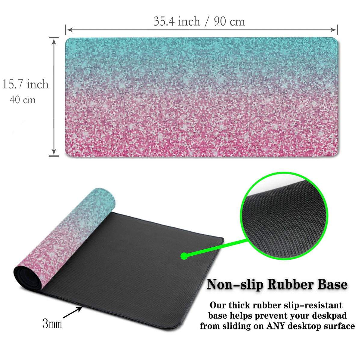 Samgula Gaming Mouse Pad Office Desk Mat, Extra Large Pink Glitter Pad for Women, Waterproof