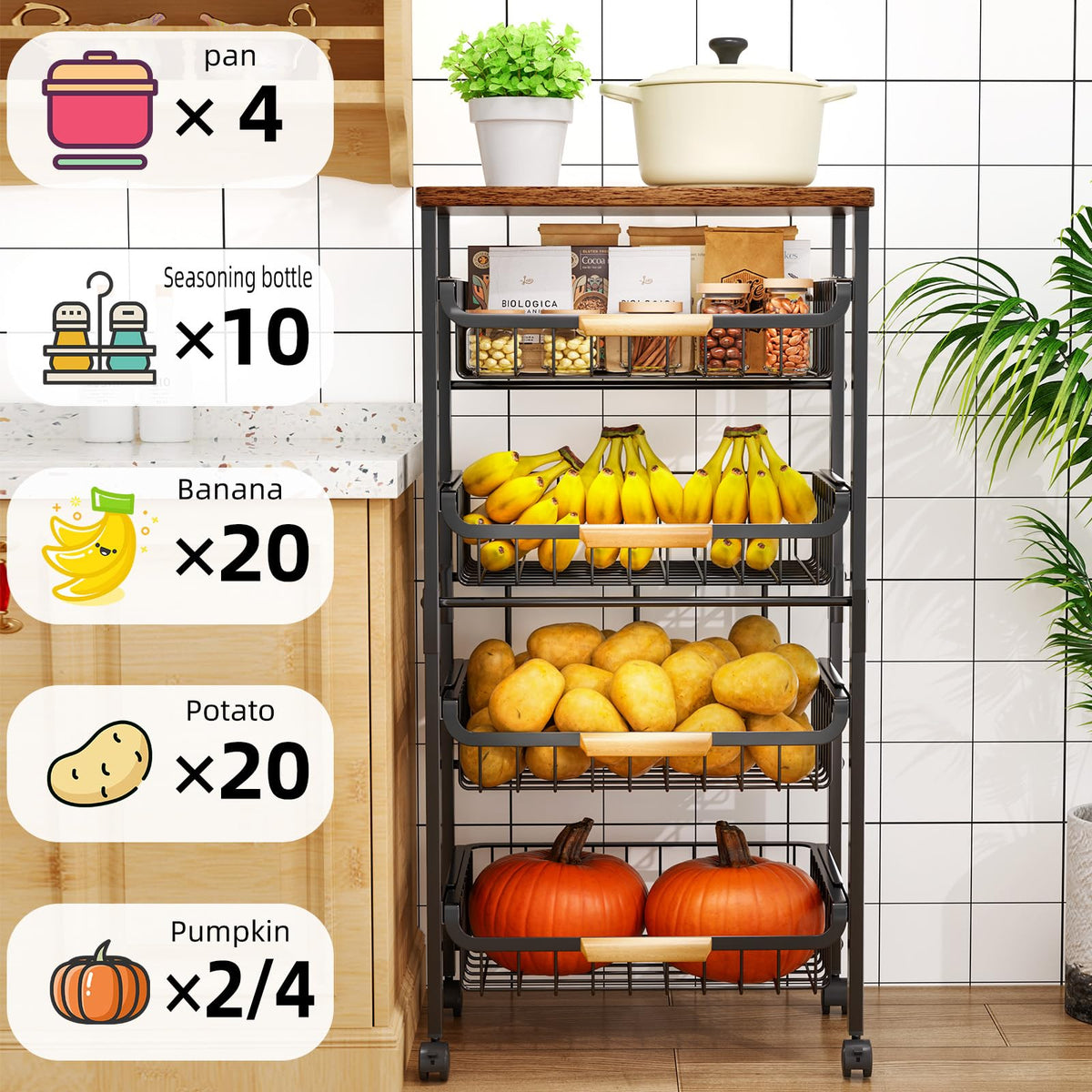 Storico 5-Tier Rolling Utility Cart Kitchen Storage Cart