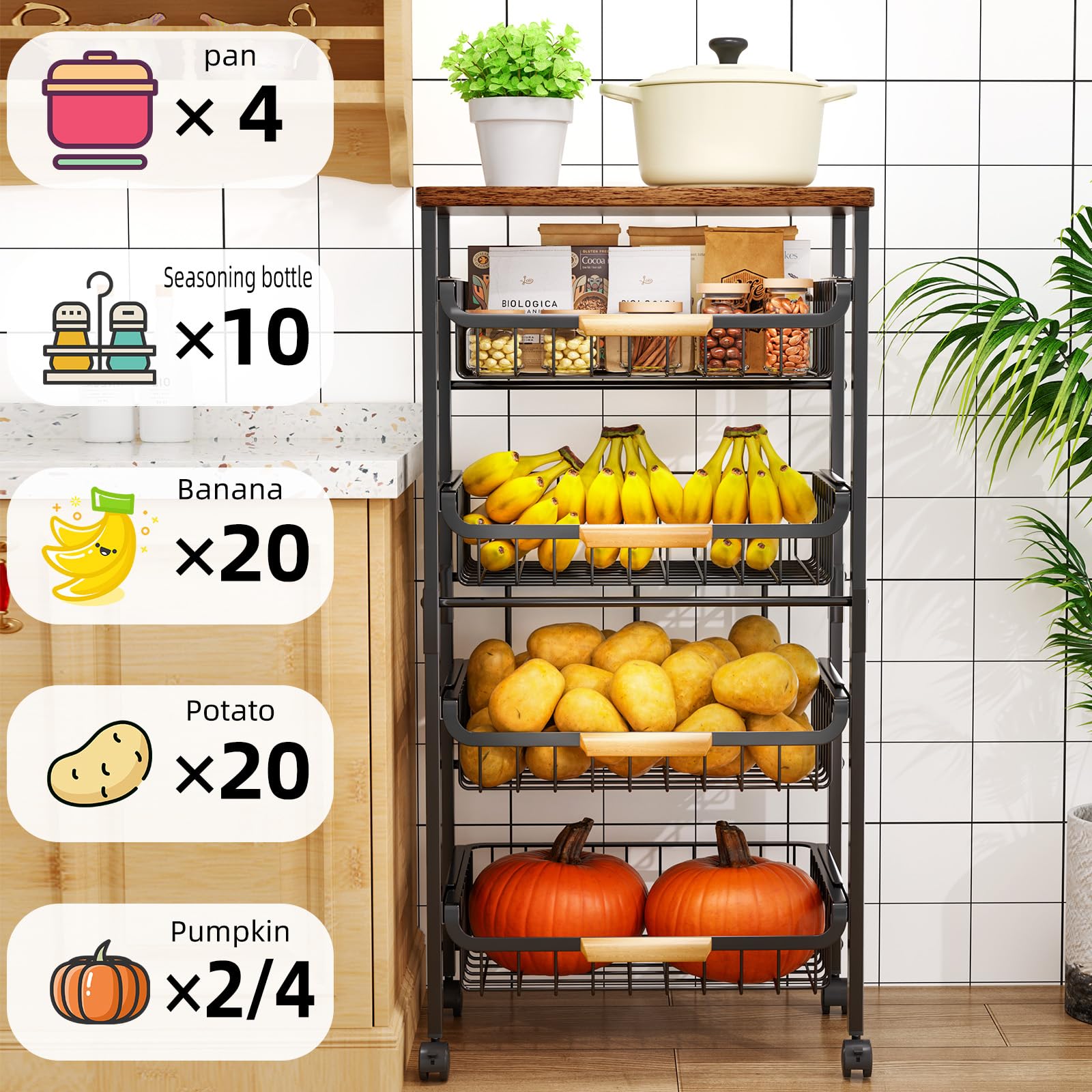 Storico 5-Tier Rolling Utility Cart Kitchen Storage Cart