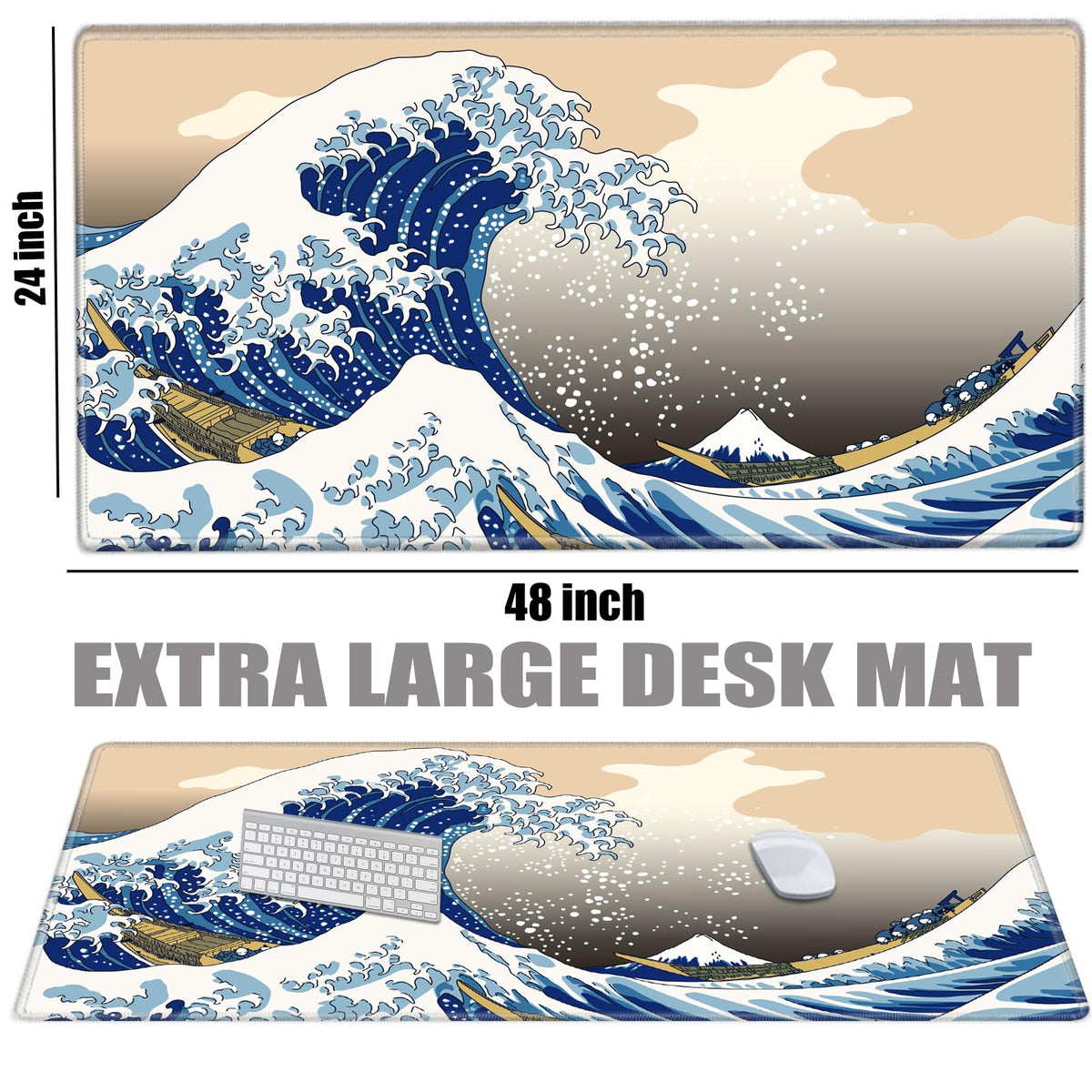 24x48 Mouse Pad Gaming Desk Mat Giant Japanese Sea Wave Mousepad Large Desk Pad Oversized Huge