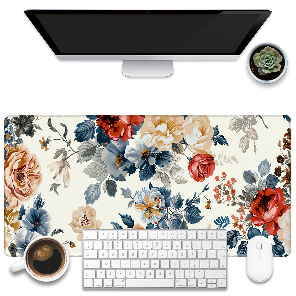 KOAIWPAE Large Gaming Mouse Pad for Desk,Vintage Botanical Flower Bunch Desk Mat,Beautiful Flowers