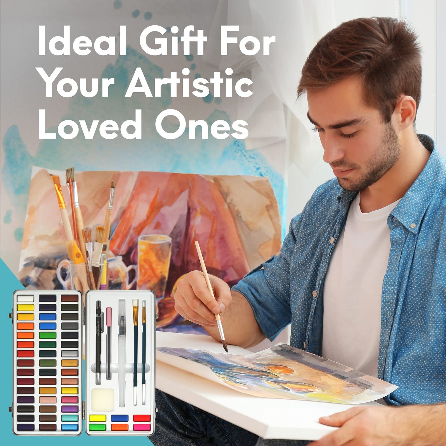 MozArt Supplies - Watercolor paint set 51 Vibrant Colors + accessories - For beginners &