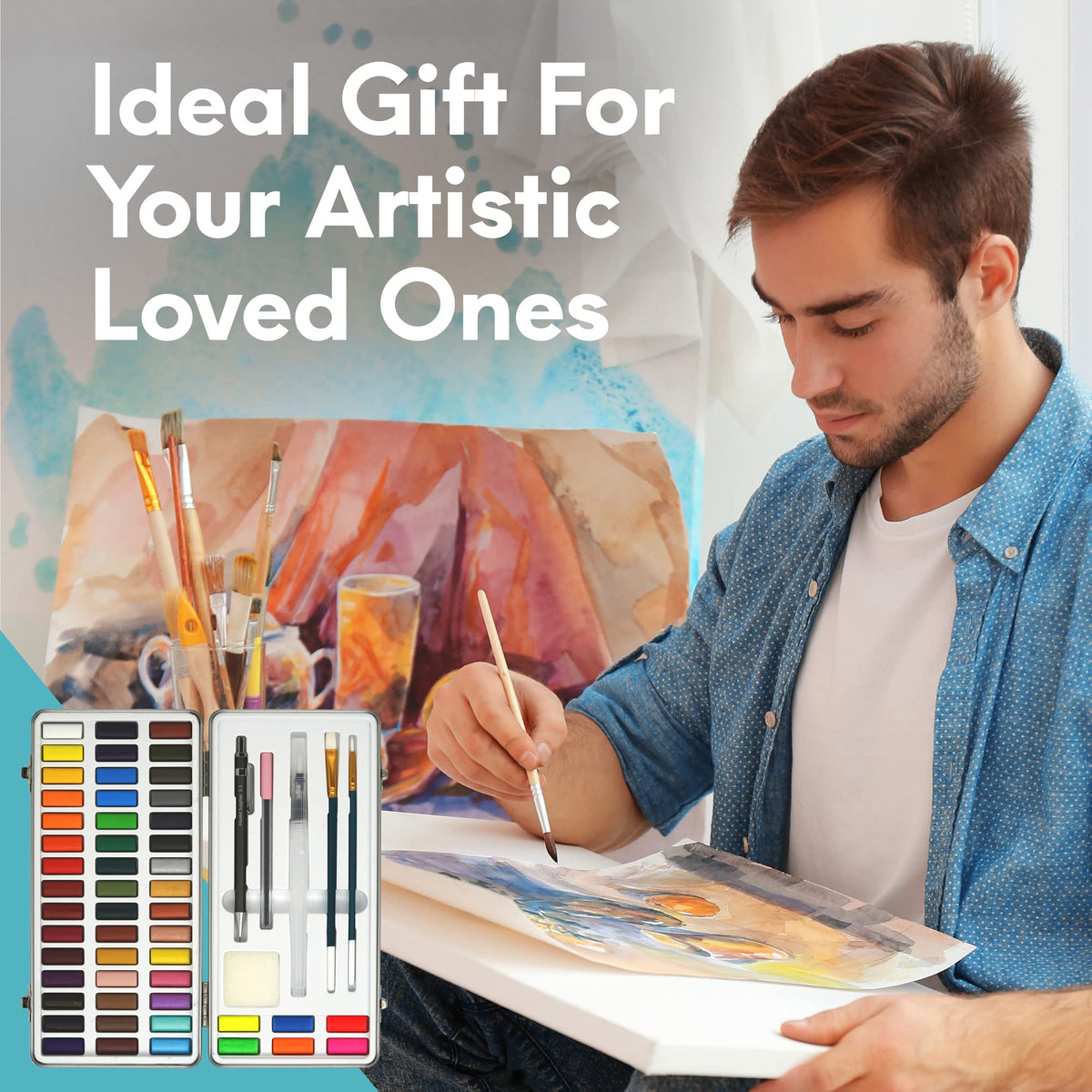 MozArt Supplies - Watercolor paint set 51 Vibrant Colors + accessories - For beginners &