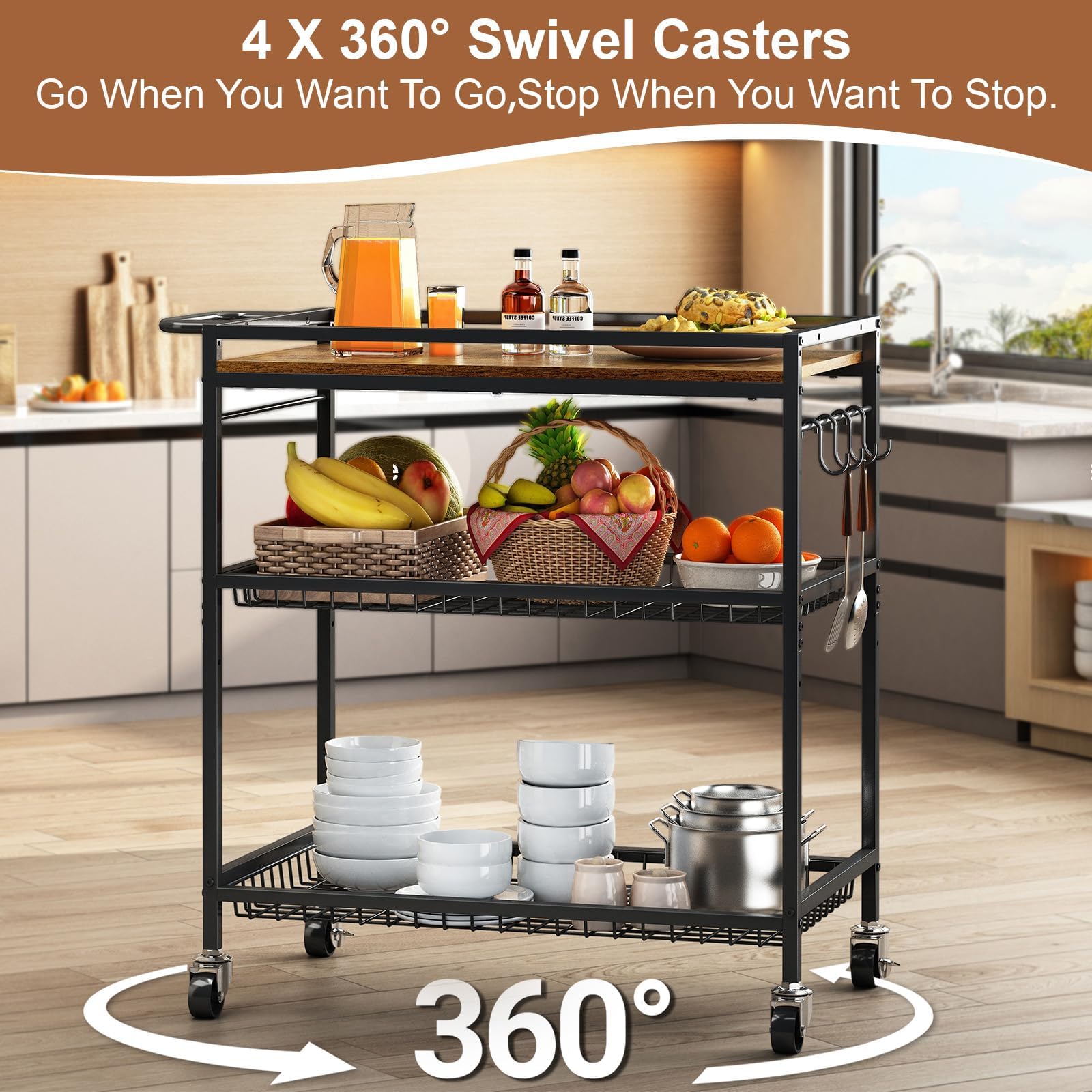 Microwave Kitchen Cart – 3 Tier Rolling Kitchen Utility Cart for Microwave Table Stand, Coffee