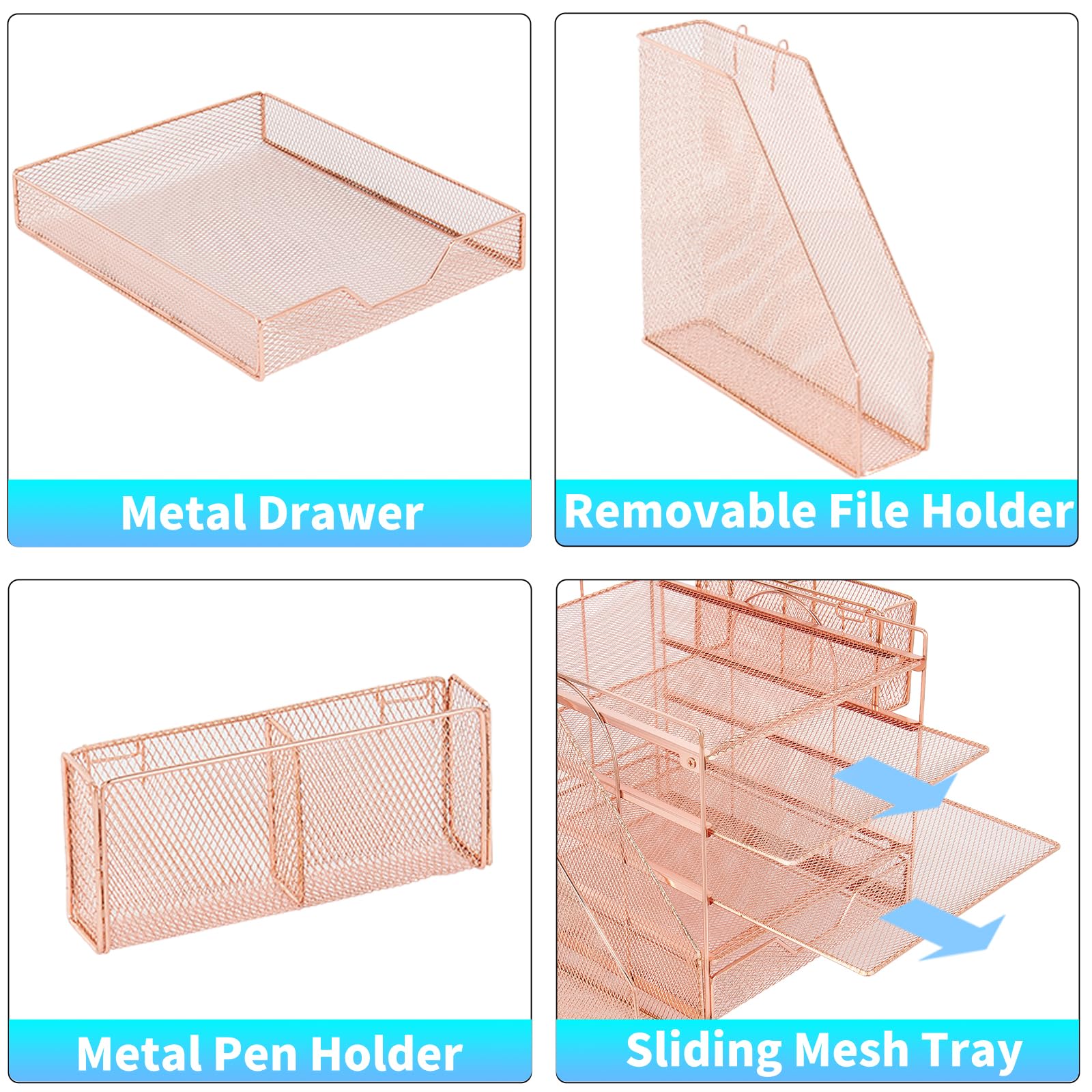 Gugsey 5-Tier Desk File Organizer with Drawer & Pen Holder (Rose Gold)