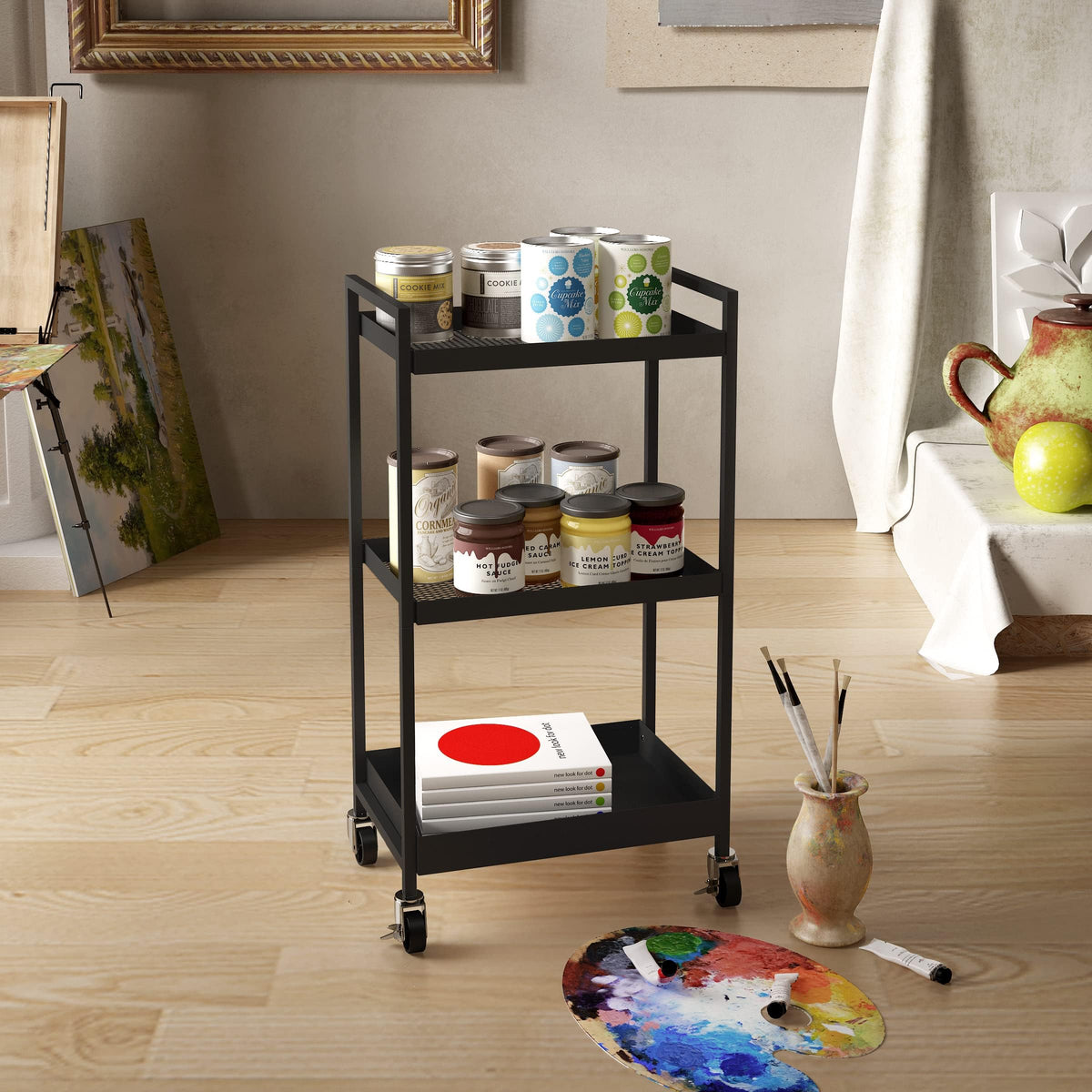 3-Tier Metal Utility Rolling Cart, Heavy Duty Multifunction Rectangular Cart with Lockable Casters