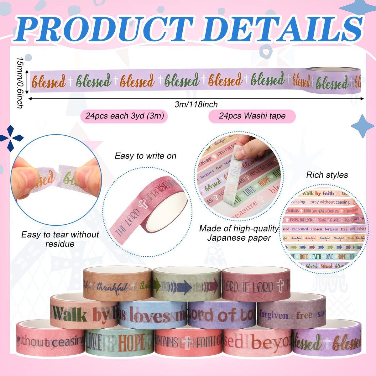 Janlaugh 24 Rolls Christian Washi Tape Back to School Bible Verse Gifts