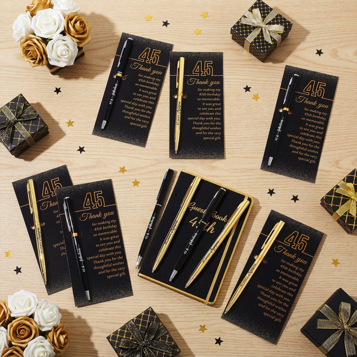 Feifeiya 45th Birthday Party Favors with Black Gold Pens Thank You Cards