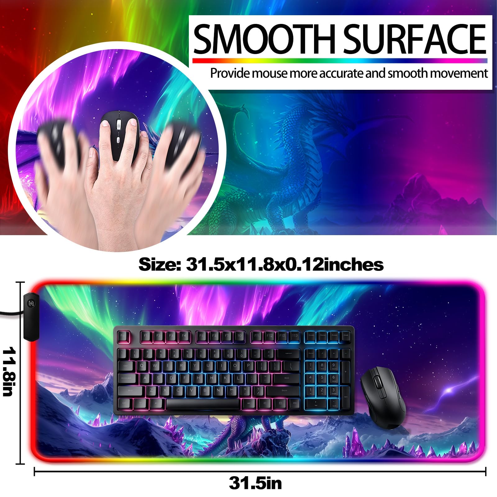 JIANG100 RGB Dragon Under Aurora Sky Gaming Desk Mat & Mouse Pad, XL