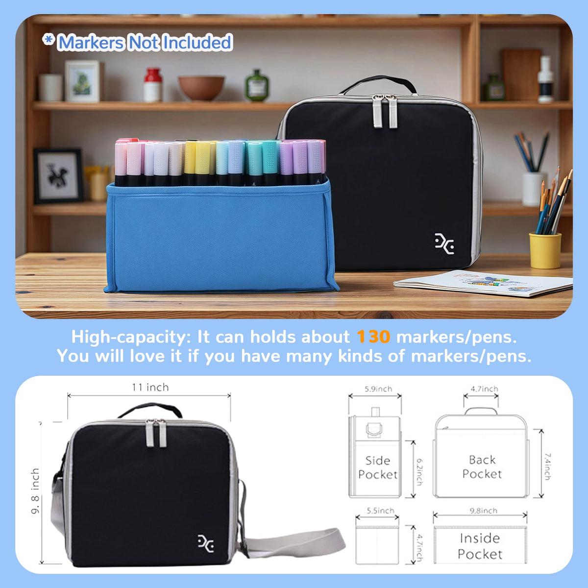Togood Marker Organizer Bag - Large Storage Crossbody Tote for Marker Pens 130PCS+, Portable Art