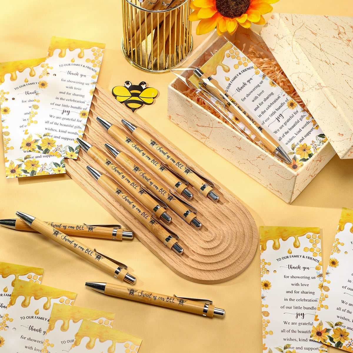 Spakon 50 Sets Bee Baby Shower Favors Bamboo Pens with Thank You Bookmarks