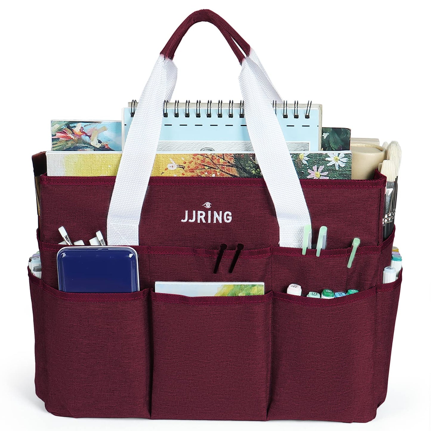 JJRING Craft Organizer Tote Bag Large Art Storage Caddy Dark Red
