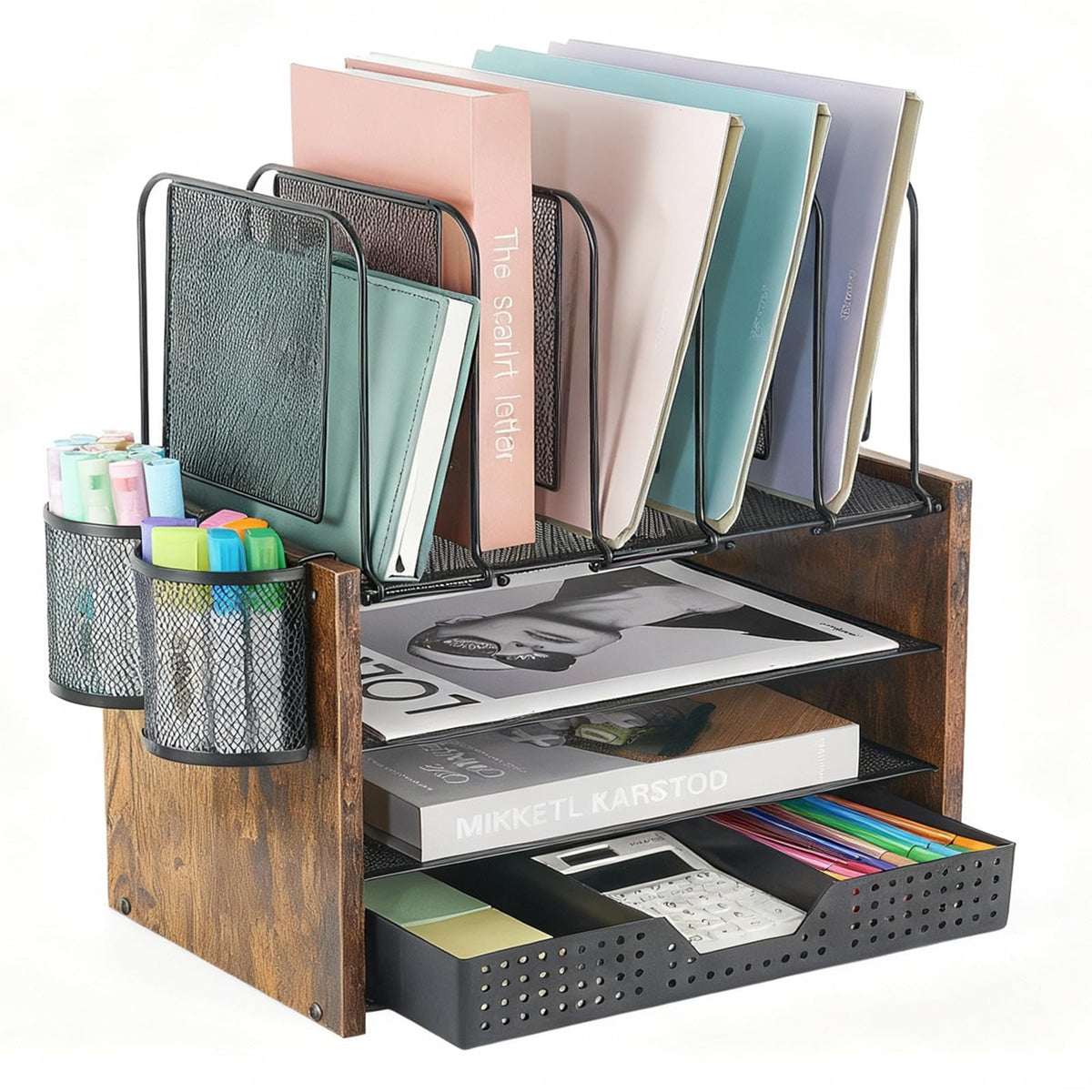 AUPSEN Desk Organizer with 5 Vertical File Holders, Storage Drawer & 2 Pen Holders, 5 Trays Paper