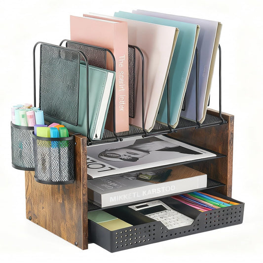 AUPSEN Desk Organizer with 5 Vertical File Holders, Storage Drawer & 2 Pen Holders, 5 Trays Paper