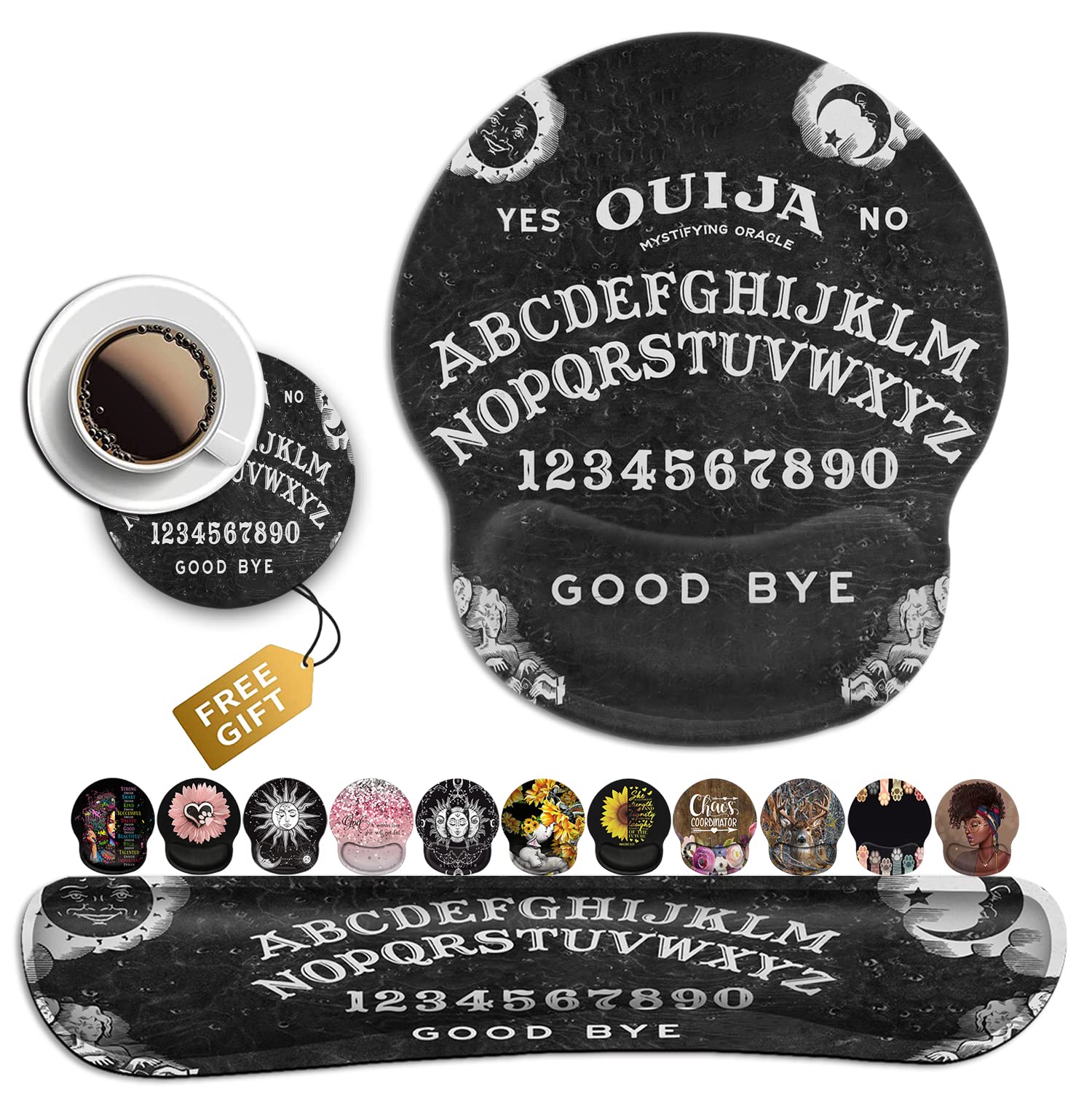 Black Mouse Pad with Stitched Edge, Non-Slip Rubber Base, Ouija Board Witch Pattern, MousePad with
