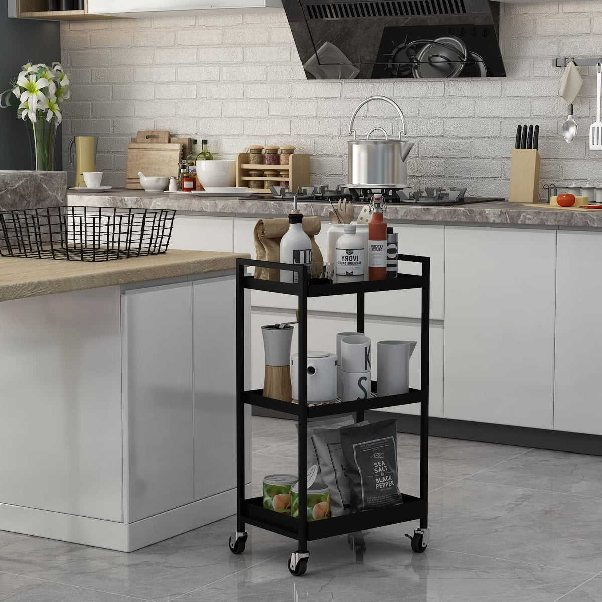 3-Tier Metal Utility Rolling Cart, Heavy Duty Multifunction Rectangular Cart with Lockable Casters