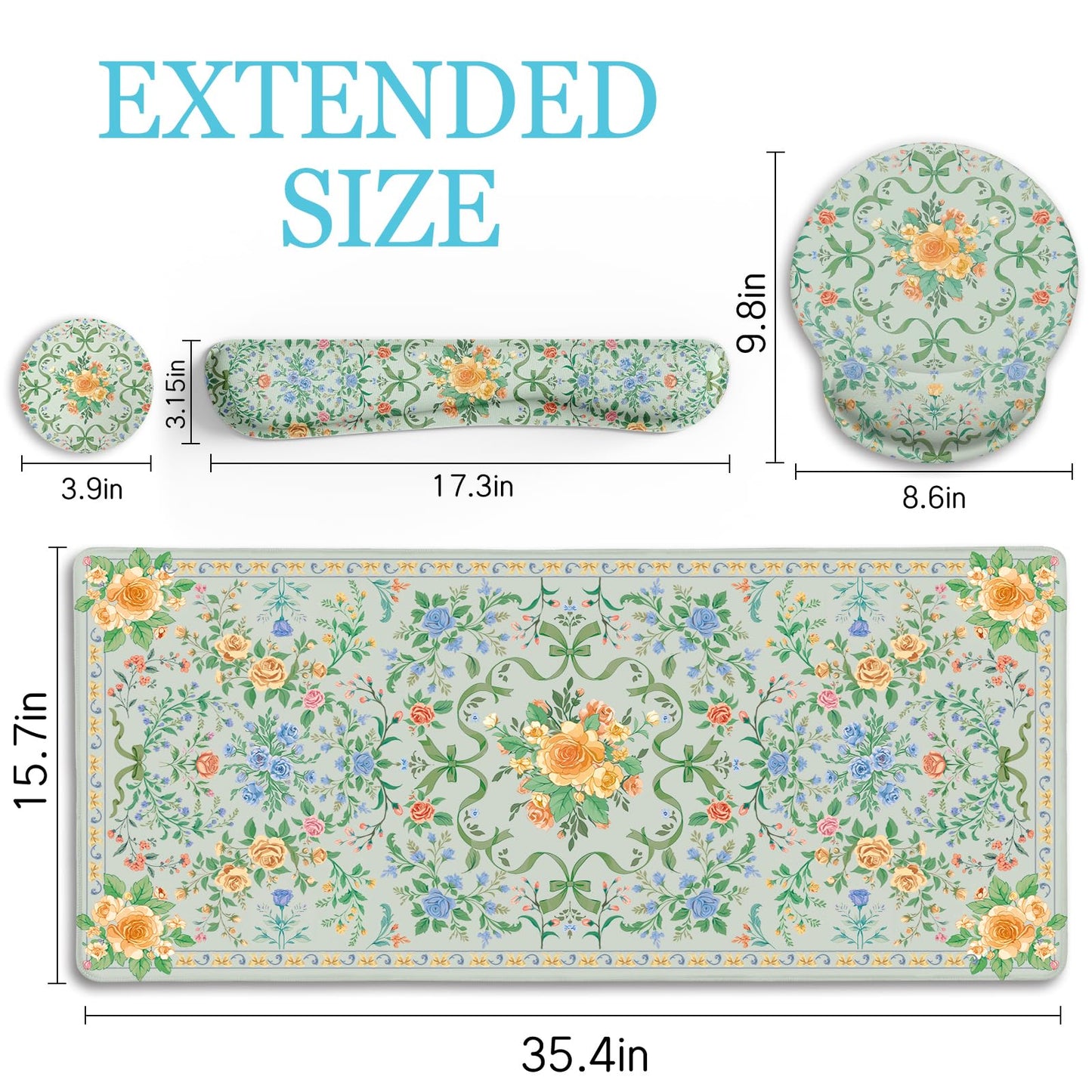 LIMKRIAN Floral Desk Mat Set, Cute Green Mouse Pad with Gel Wrist Rest