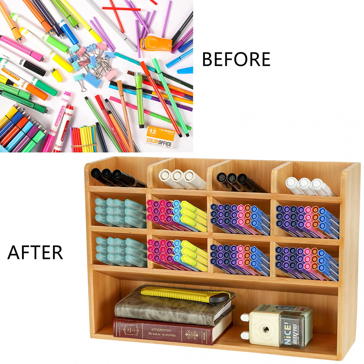 Dicunoy Desktop Pen Holder Organizer, Bamboo Art Supply Storage Caddy Holds 300 Pencils, 13