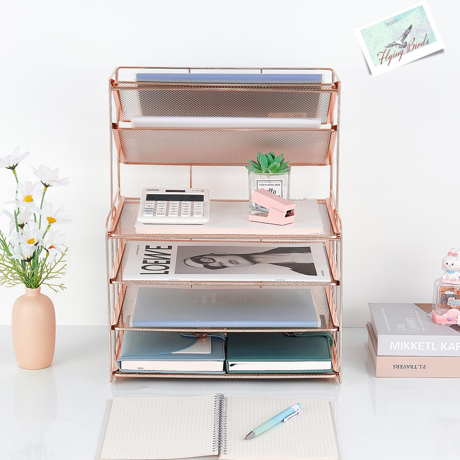 OPNICE Desk Organizer, 6-Tier Paper Organizer Letter Tray, Rose Gold