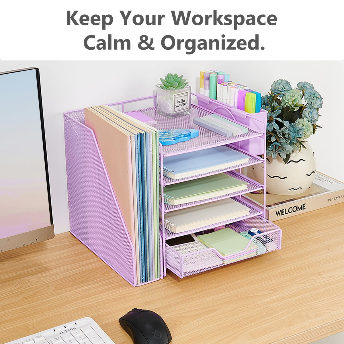 Gugsey 5-Tier Desk File Organizer with Drawer & Pen Holder (Purple)