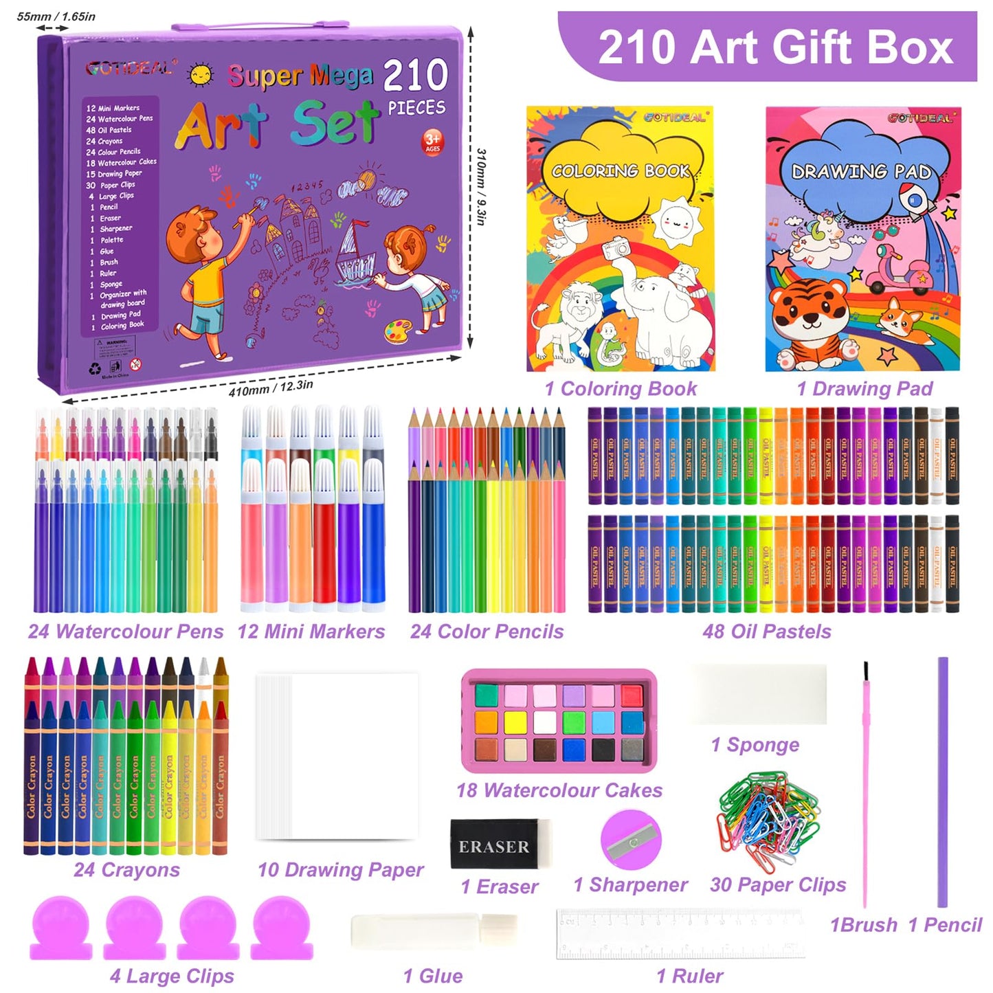 GOTIDEAL Art Supplies, Kids Art Set, 210 PCS Art Kit, Age 4-12, Purple