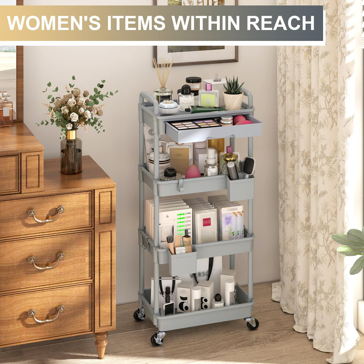 Goovilla 4 Tier Rolling Utility Cart Organizer with Removable Drawer, Grey