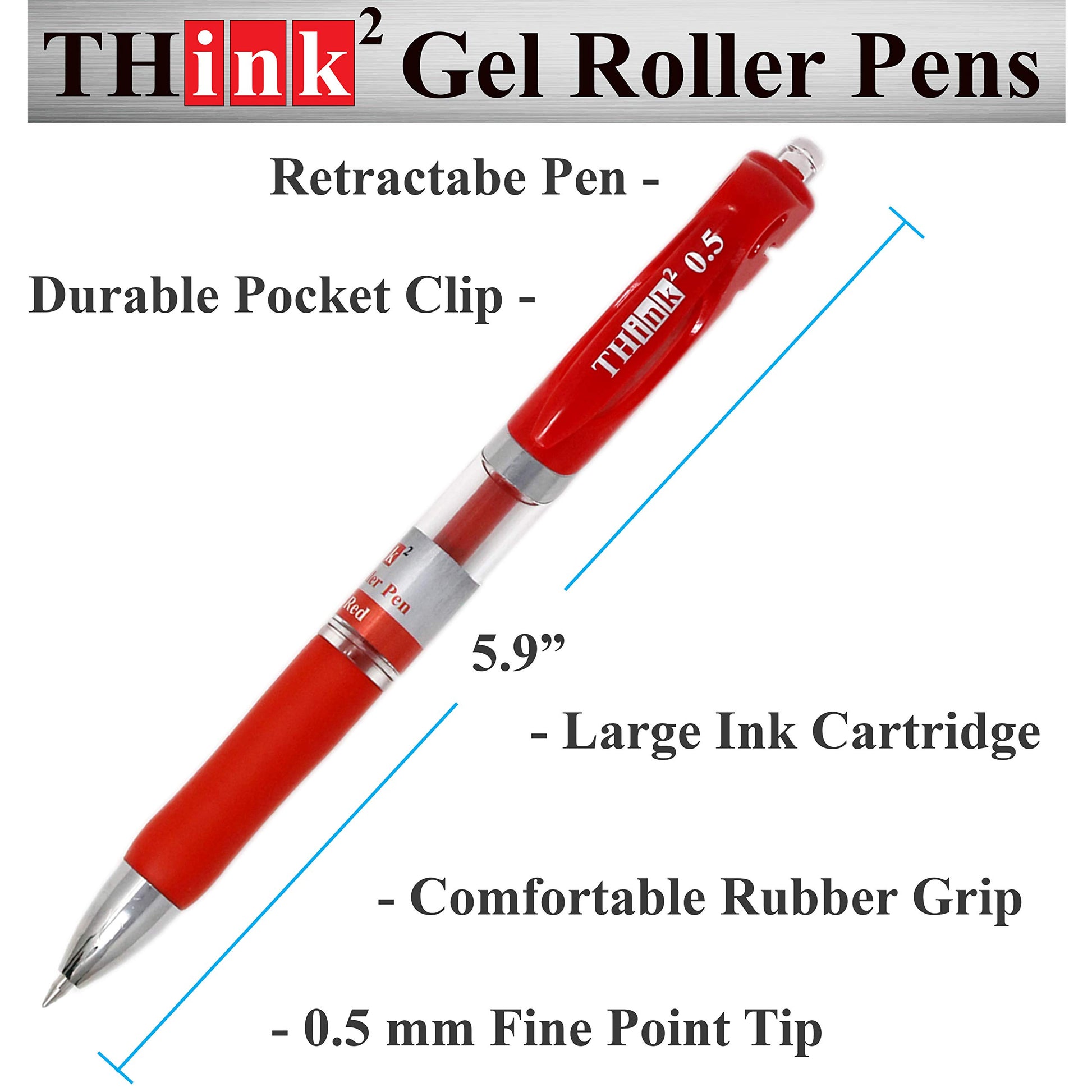 [24 Pens - Red Ink] Think2 Retractable Gel Pens. (24 Red) Fine Point (0.5mm) Rollerball Pens with