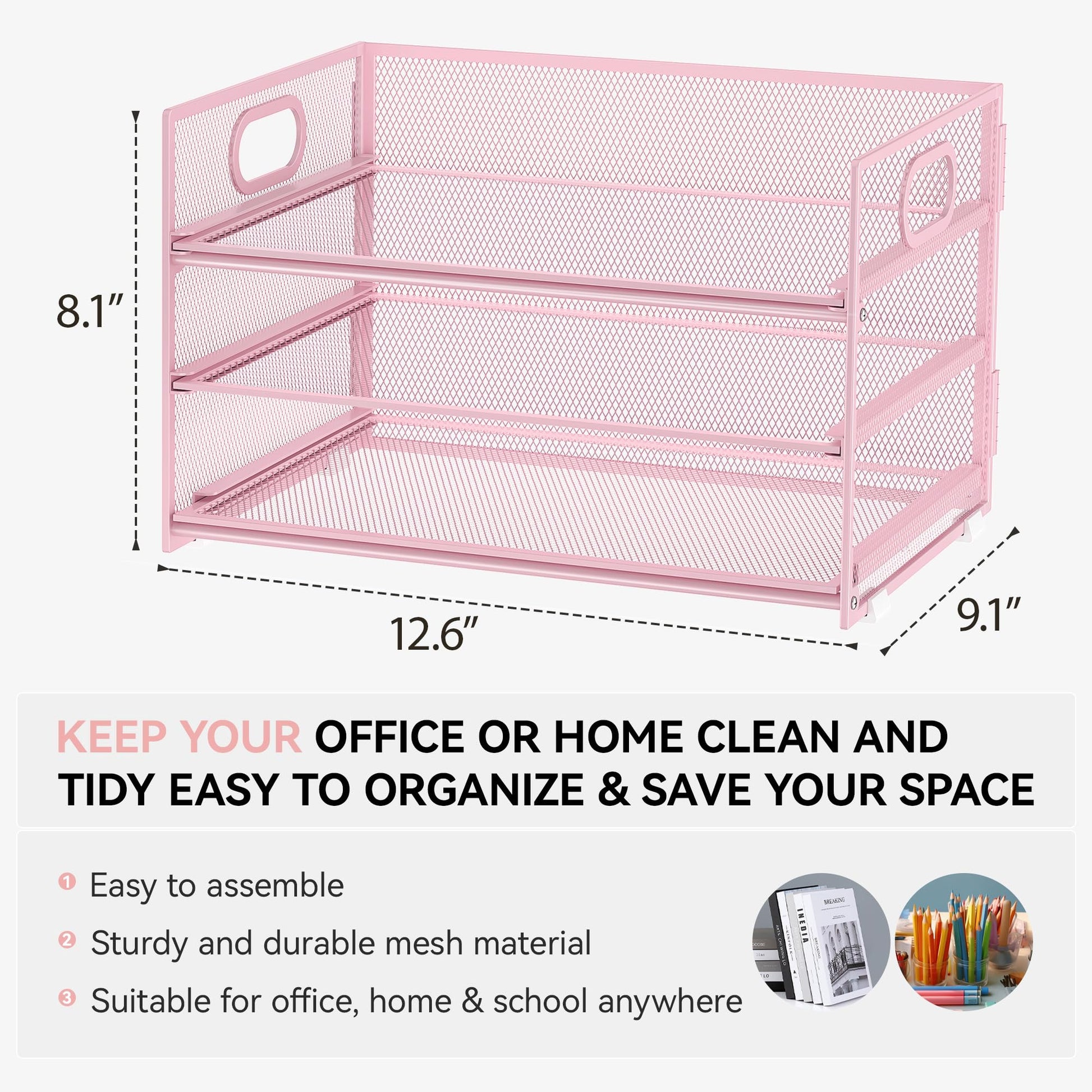 Subekyu 3 Tier Paper Letter Tray Organizer for Desk, Pink Metal Mesh File Folder Sorter Organizer