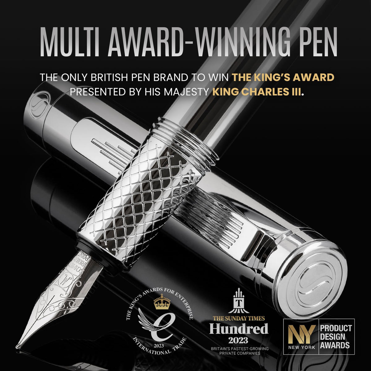 Scriveiner Silver Chrome Fountain Pen (Medium), Award Winning Luxury Pen, Heavy Pocket Pen, Chrome