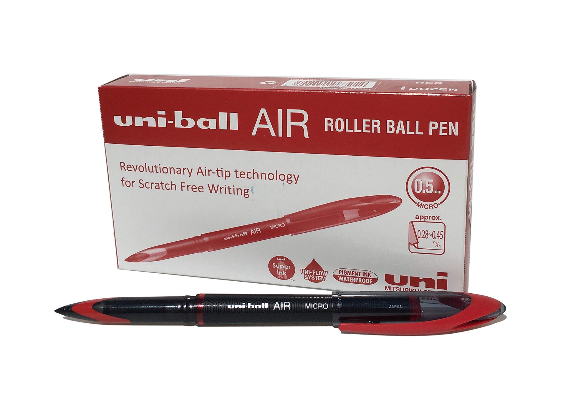 uni-ball UB-188-Micro Fountain Pen Tip 0.5mm Air Rollerball Pens, Red Gel, 12 Pack