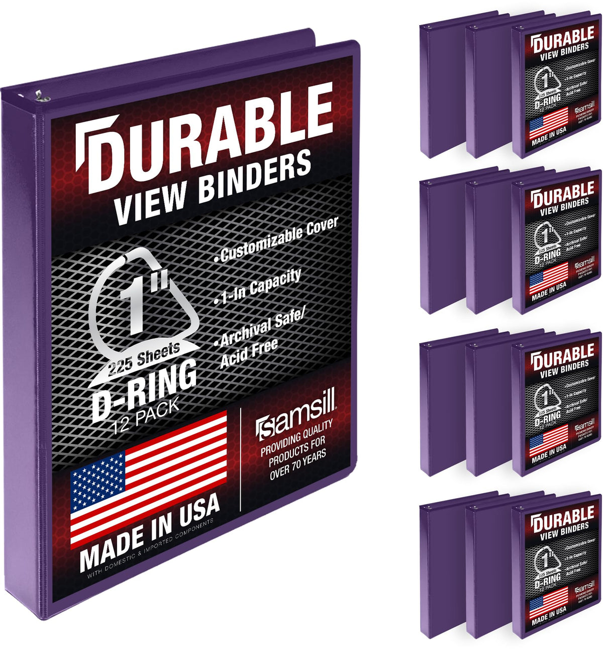 Samsill Durable 1 inch 3 Ring Binder, D Ring Binder, 100% Recycled Chipboard, Purple, 12 Pack