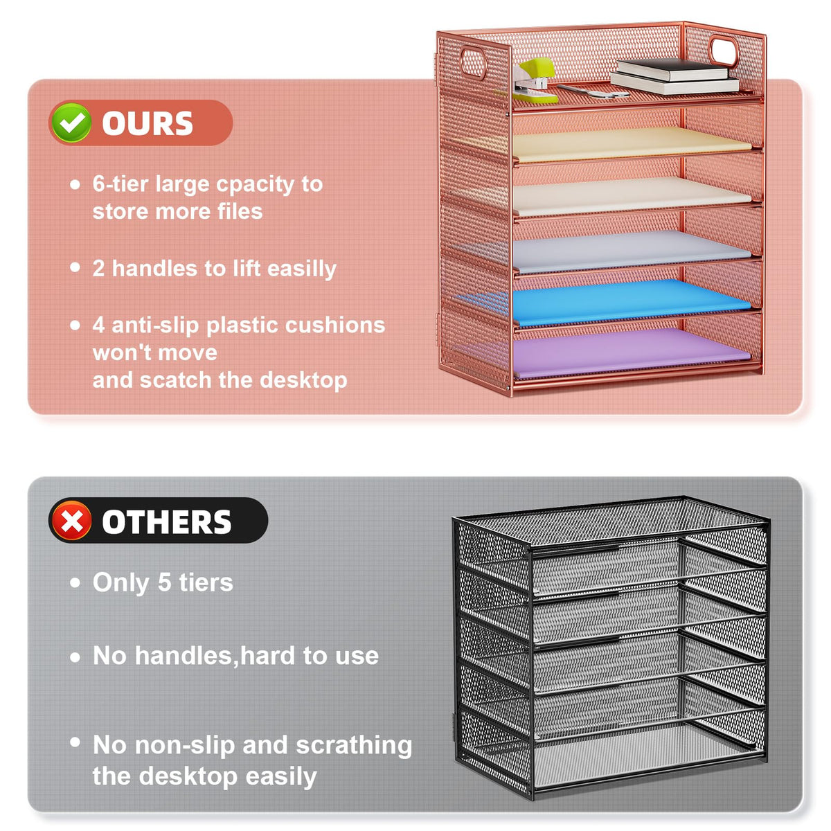 Marbrasse 2 Pack Desk Organizer with Handle, 6 Tier Paper Letter Tray, Mesh Desk File Organizer for