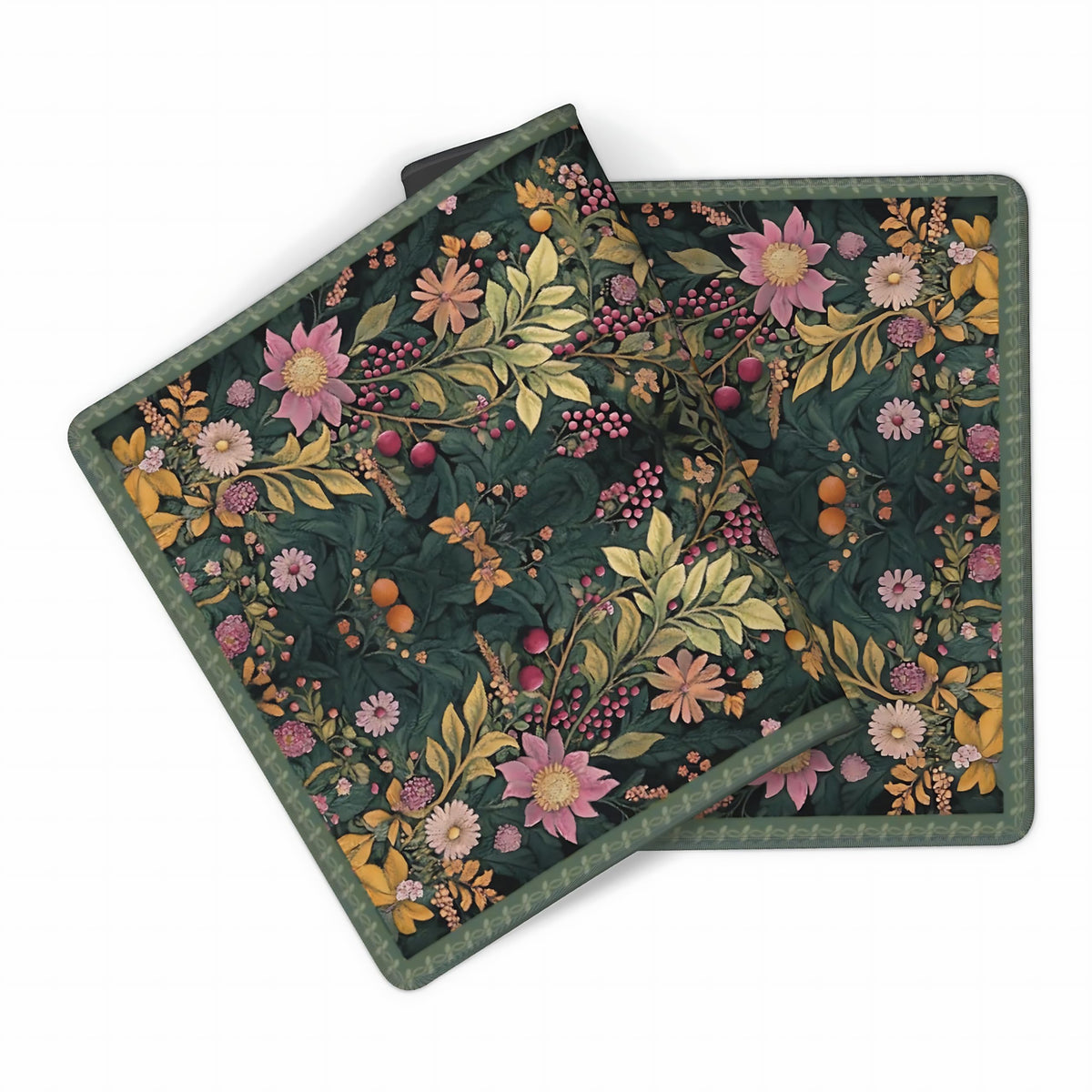 Floral Aesthetic Wildflower Gaming Mouse Pad, Forest Green Rug Desk Mat with Anti-Slip Base &