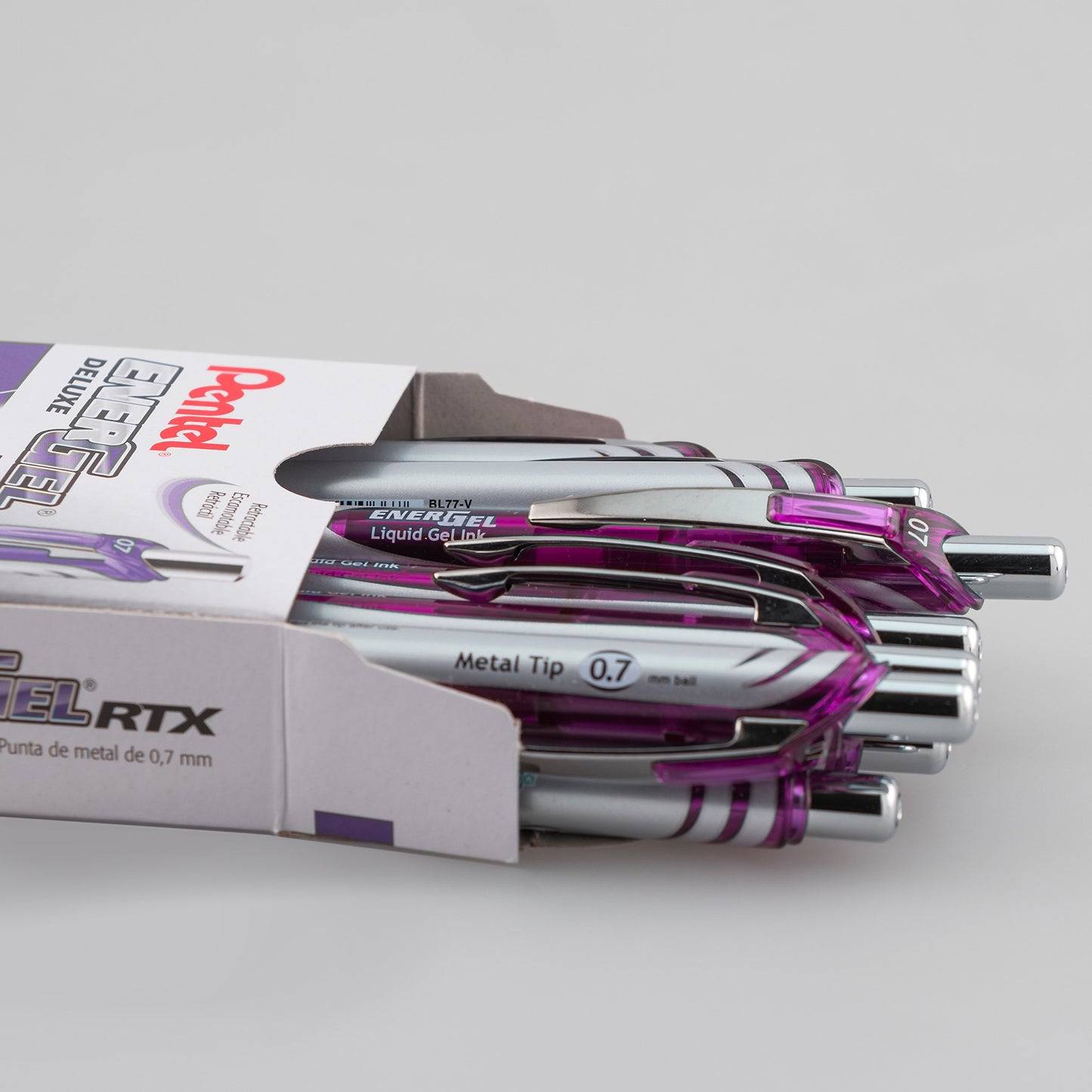 Pentel EnerGel RTX Retractable Liquid Gel Pen, (0.7mm), Medium Line, Metal Tip, Violet Ink, Box of