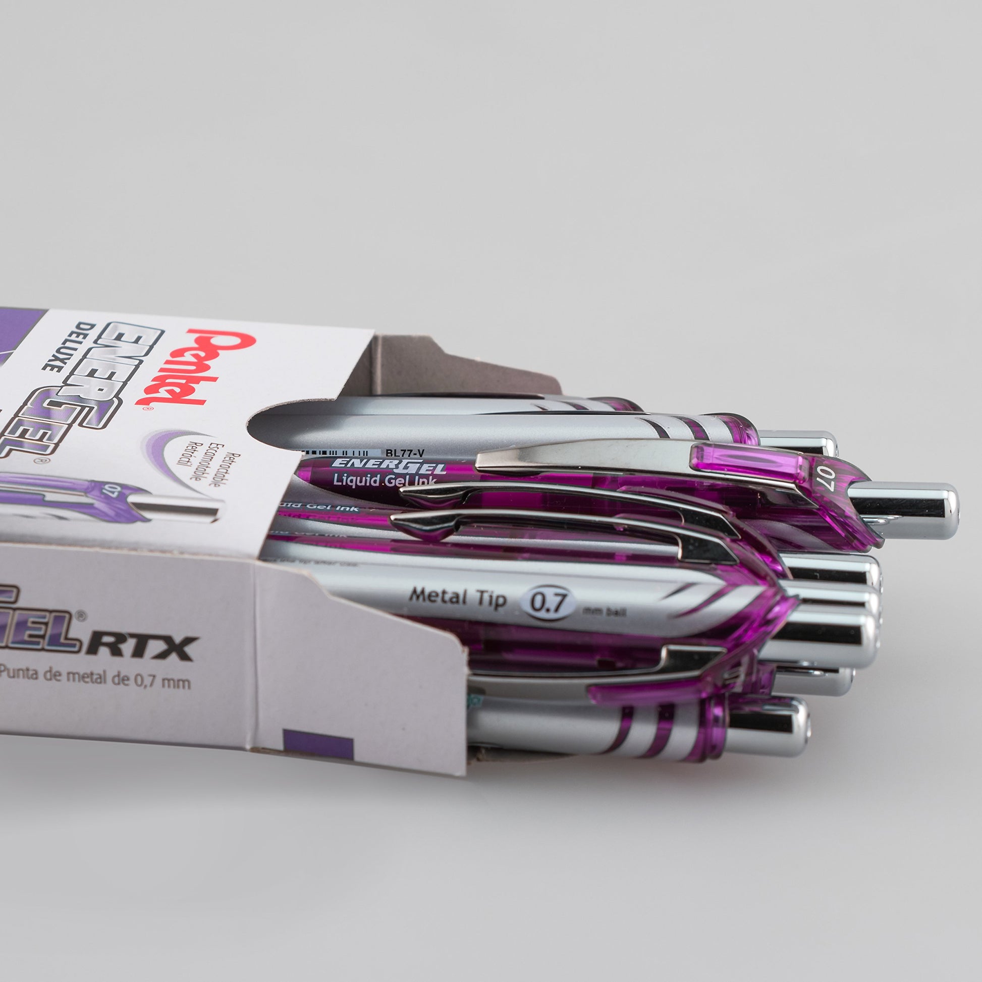 Pentel EnerGel RTX Retractable Liquid Gel Pen, (0.7mm), Medium Line, Metal Tip, Violet Ink, Box of
